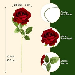50PCS 20‘’ Red Artificial Roses Flowers with Long 50pcs Red Artificial Flowers