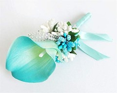 Yoanshop Calla Lily Blue Boutonniere Set of 4 Handmade Silk Flower with Ribbon