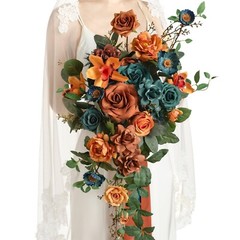 Ling’s Moment Teal Bridal Bouquet Cascading, 11 Inch Orange Wedding Bouquets …
