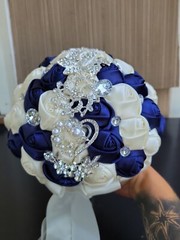 8″ Navy Blue Satin Rose Bridal Wedding Brooch Bouquet with Sparkle Rhinestones