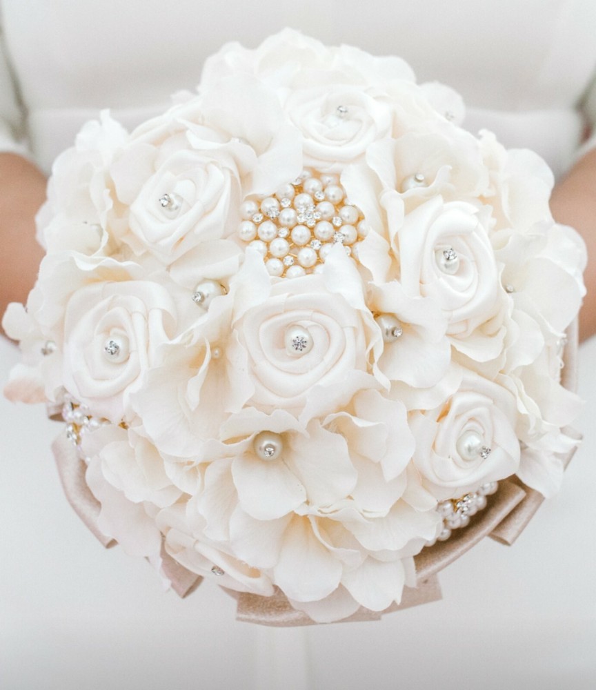 Brooch Bridal Bouquet with Ivory Hydrangea, Satin Rose, burlap, lace, and pearls