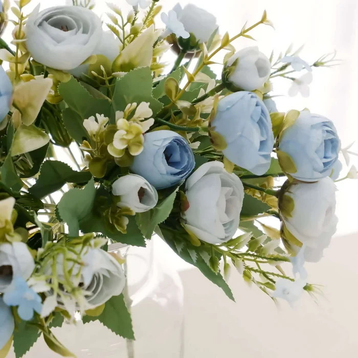 35 Artificial Dusty Blue Ranunculus Silk Flower Bridal Bouquets, Faux