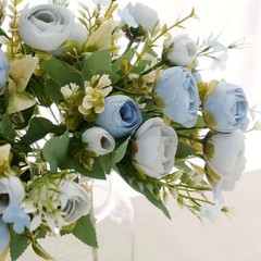 35 Artificial Dusty Blue Ranunculus Silk Flower Bridal Bouquets, Faux