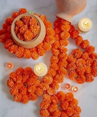 Artificial Orange Hanging Flowers Marigold Fluffy Garland Decoration (Pack Of 6)