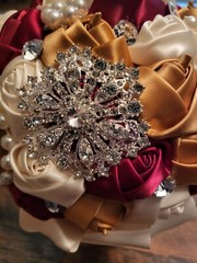 Bridal Flower Wedding Bouquet Rhinestone Pearls Silk Satin Burgundy Gold Cream