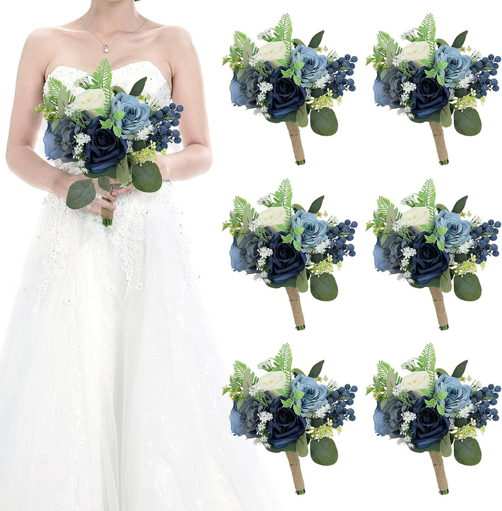 Navy Blue & White Bridesmaid Bouquets – Set of 6 Artificial Flower Arrangements