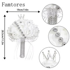 Real Touch Wedding Bouquet White Roses Crystal Bling Handle Silk Bridal Flowers
