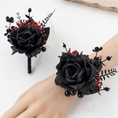 QZV Black Wrist Corsage and Boutonniere Set Gothic Flowers Bouquet Black,red