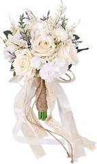 Bouquet White Roses Bride Boutonniere Lace Crochet Boho Cottage Beach Wedding