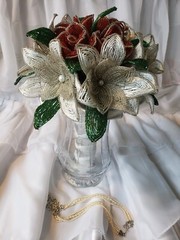 Beaded Flower Wedding Bridal Bouquet With Red White & Silver Handmade Flowers