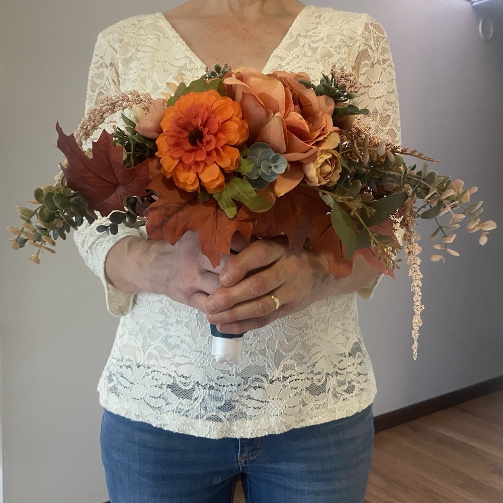 Bridal Bouquet Exquisite Budget Handmade Faux Floral Lovely Fall Red/Orange Pink