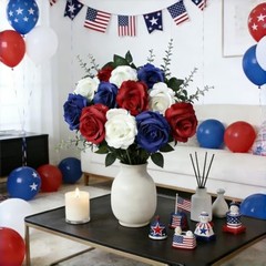 Artificial Roses Flowers, 12 Pcs Red White Blue 12-PCS Red, White, Blue