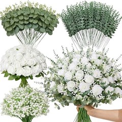 Pcs Mixed Eucalyptus Greenery Stems, White Silk Roses and Babys Breath 240