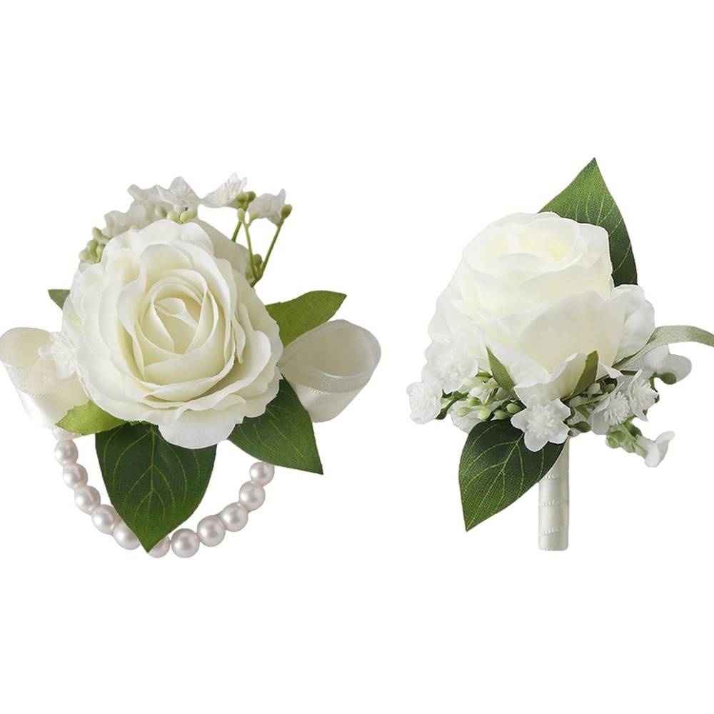 Wrist Corsage and Boutonniere Set2pcs, Ivory White Artificial Silk Rose Pearl…