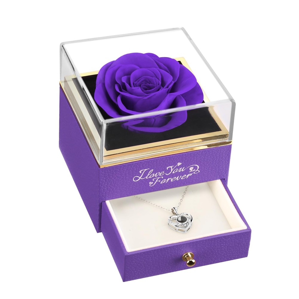 ASELFAD Preserved Real Rose with Heart A2_purple Rose_silver Necklace
