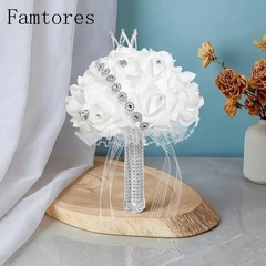 Real Touch Wedding Bouquet White Roses Crystal Bling Handle Silk Bridal Flowers