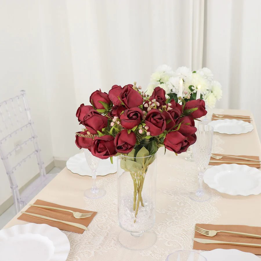 BURGUNDY 3 Bouquets 13″ Silk Rose Bud Artificial FLOWER Bushes Party Decorations