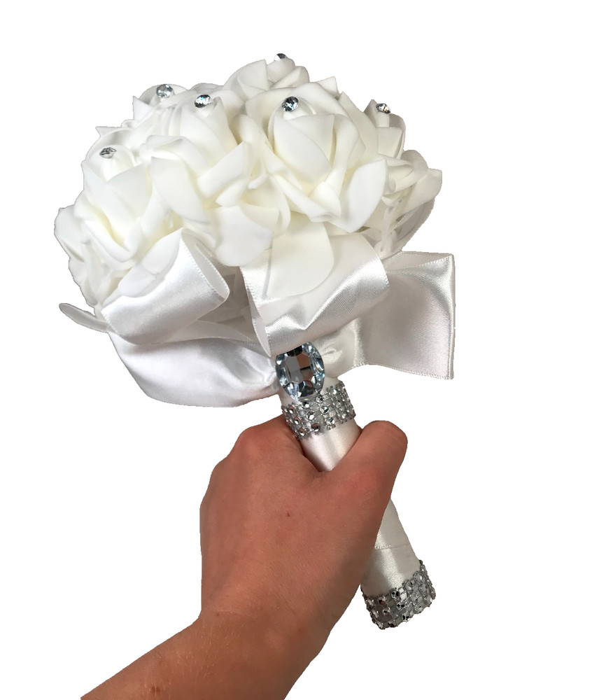 Bridal Wedding Bouquet White Rhinestone Artificial Rose Toss Brooch Bouquet