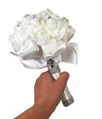 Bridal Wedding Bouquet White Rhinestone Artificial Rose Toss Brooch Bouquet