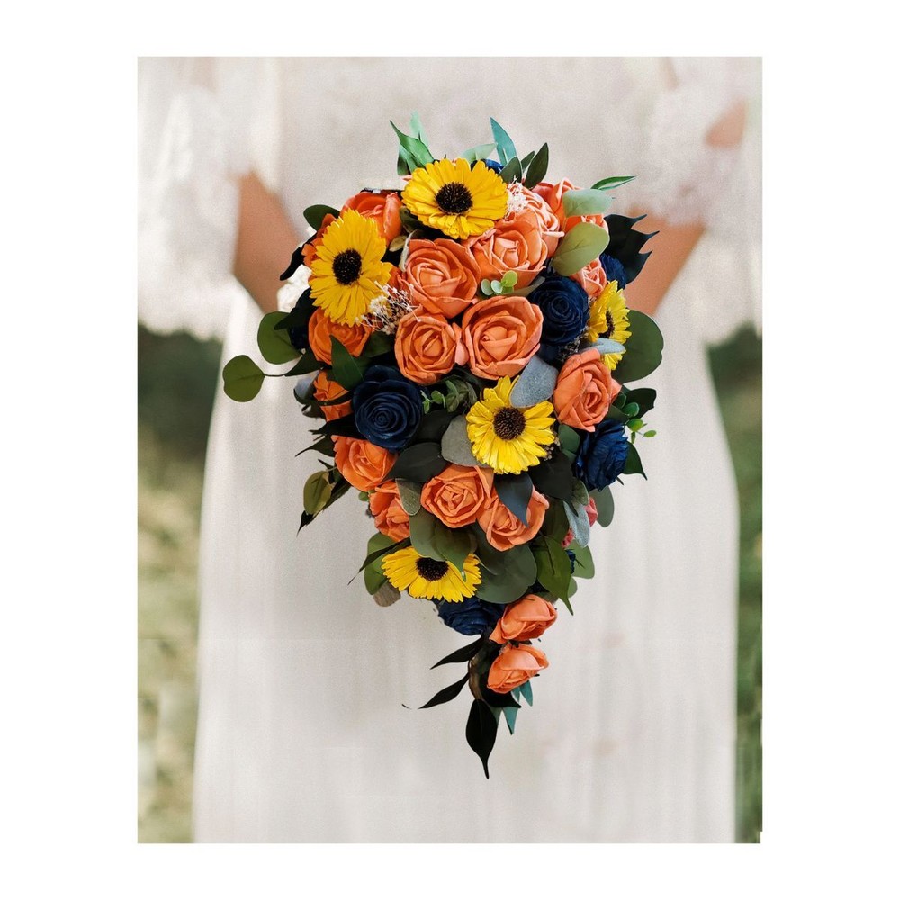 Coral Navy Sunflower Bridal Bouquet Sola Wood Cascade Orange Wedding Flowers
