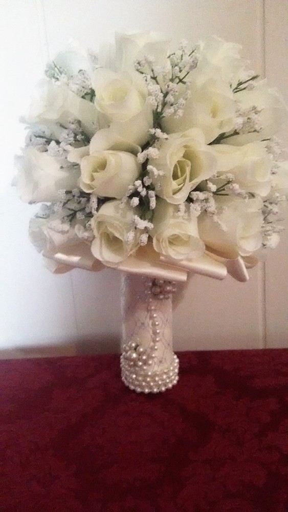 PEARLS AND MORE PEARLS ROSE WEDDING BOUQUET- IVORY/SILVER -2 PEARL BROOCHES