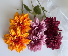 Dahlia Flower Stems Faux Silk Flowers Orange Mauve Burgundy Floral Spray x 1