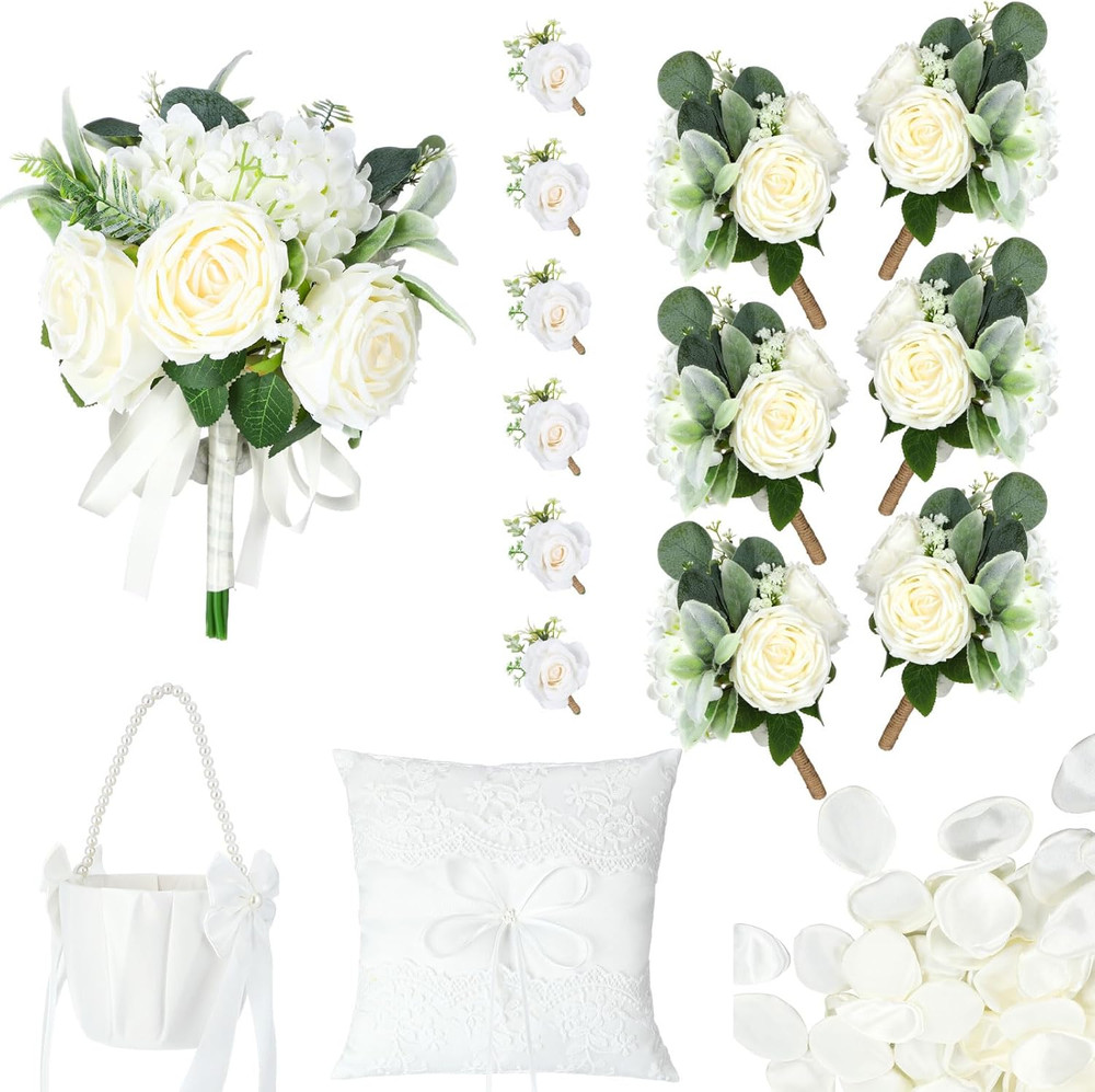 Ivory Rose Wedding Flower Set: Bouquets, Boutonnieres & Petals for Ceremony
