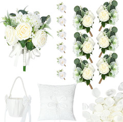 Ivory Rose Wedding Flower Set: Bouquets, Boutonnieres & Petals for Ceremony