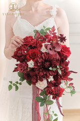 Burgundy Red 15″ Cascading Artificial Wedding Bouquet for Bride & Events