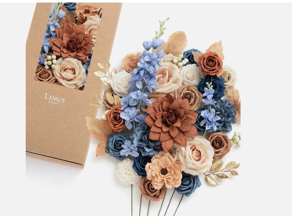 Ling’s Moment Burnt Orange Navy Artificial Flowers Greenery Combo Deluxe Set