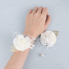Adjustable White Silk Rose Wrist Corsage 2 Pack with Pearl Bead for Bridesmaids