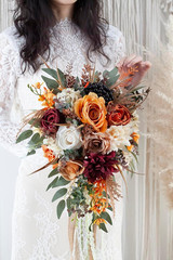 12″ Burnt Orange Cascade Bridal Bouquet – Silk Wedding Flowers
