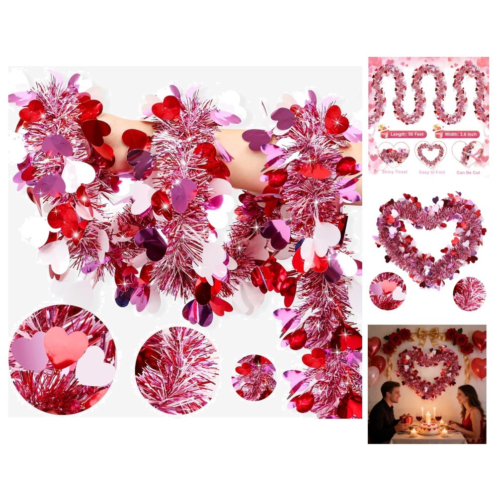50FT Valentines Heart Tinsel Red Pink White Hearts, Hearts