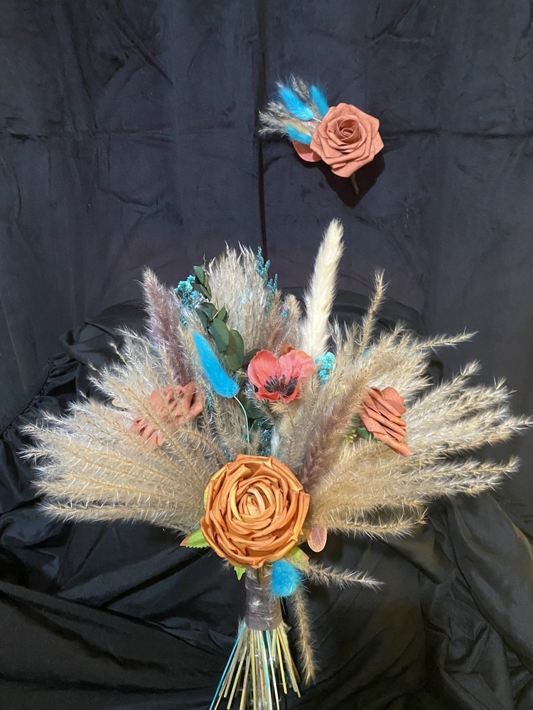 Teal and Burnt Orange fall BoHo theme with matching Boutonnière