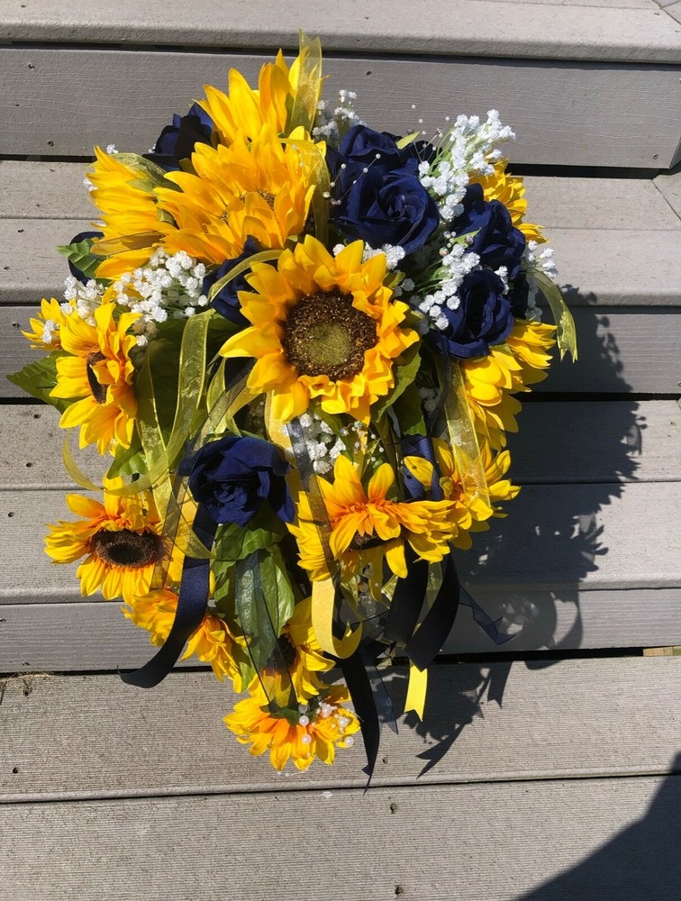 Cascading Bridal Bouquet Rustic Tuscan Yellow Sunflowers Blue Roses Ribbon