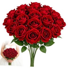 24PCS 20‘’ Red Artificial Roses Flowers with Long 24pcs Red Artificial Flowers