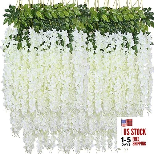 Artificial Wisteria Hanging Flowers Fake Wisteria Flower Garland Silk 12 White