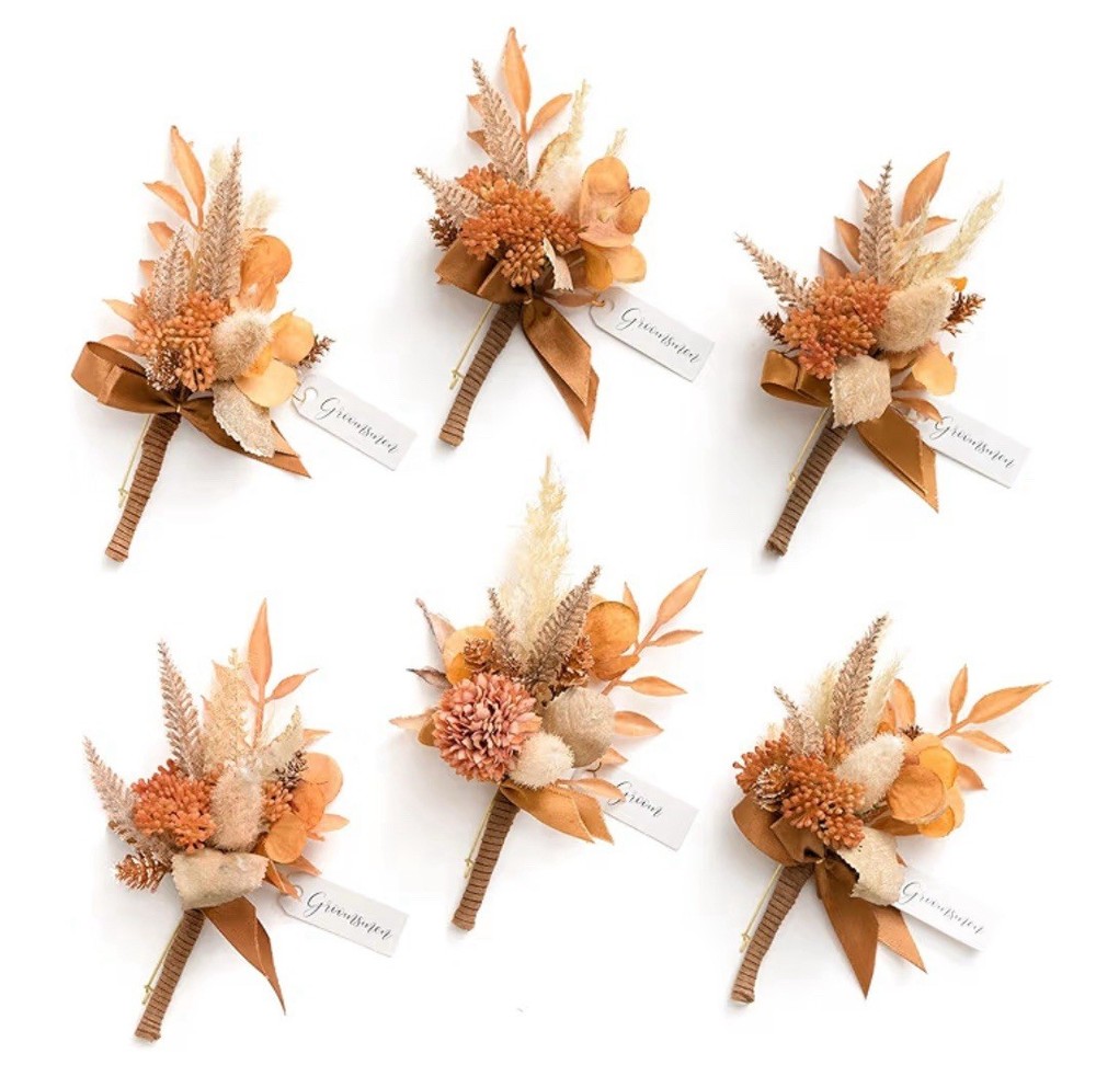 6 Ling’s Moment Mens Boutonniere Rust Boho Terracotta Artificial Flower Damg Box