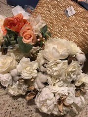 Ashland Straw Basket & 5 Floral Bunches NWT Roses Cotton Wedding bouquet Decor