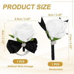 2Pcs Wrist Corsage Boutonnieres Set with Black Ribbon, White