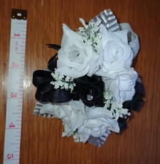 NEW 4.5″ Artificial White Rose Wrist Corsage W/Black Bow, Tulle Rhinestone