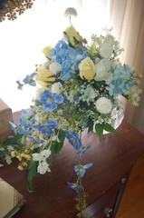 Handmade- One of a Kind Bridal Bouquet Silk, Blue, Yellow, White Cascade NEW