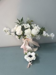 Bride Wedding Bouquet Silk Ribbon Roses Artificial White Flowers Accessories- A3