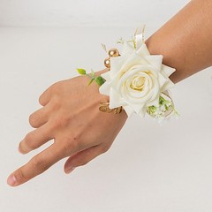 WHITE 2 SILK ROSES 4″ Wrist Corsages with Pearls Wedding Flowers Party Bouquets