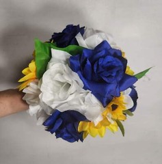 Royal Blue White Rose Sunflower Bridal Wedding Bouquet Accessories