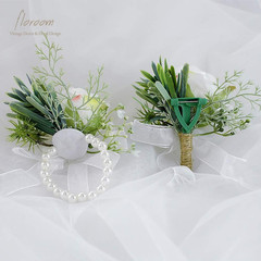 Ivory Rose Wrist Corsage Wristlet Band Bracelet and Men Boutonniere Set for Whit