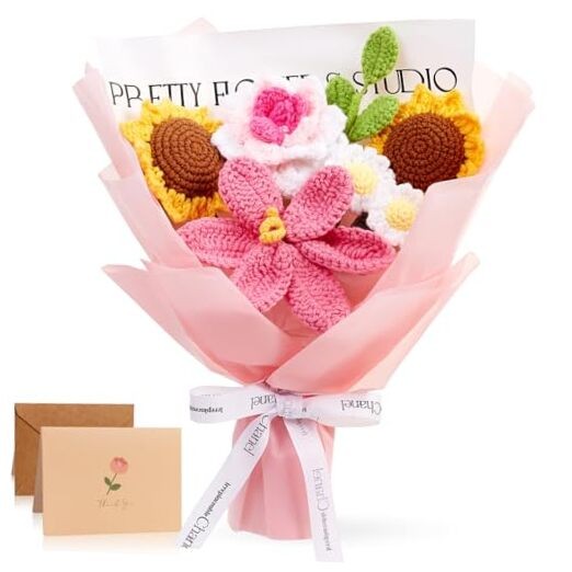 Pink Crochet Flower Bouquet Crochet Sunflowers Tulips Roses for Home C-pink