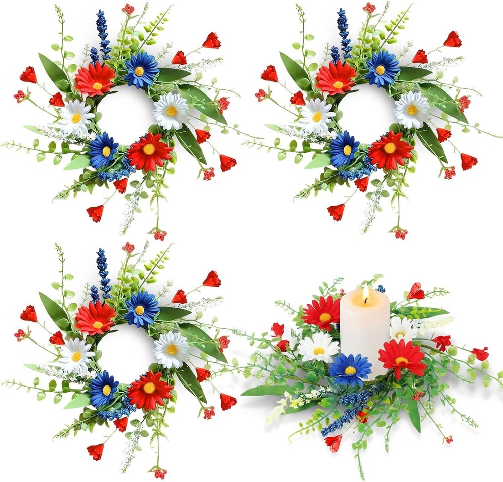 4 PCS Patriotic American Candle Rings Wreaths Artificial 4th of July Floral Cand