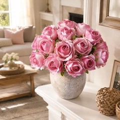 18pcs Pink Roses Artificial Flowers, Fake Roses Silk Flowers with Stems