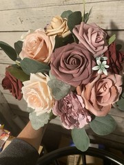 Dusty Pink and Burgundy Wedding Bouquet with matching boutonnière